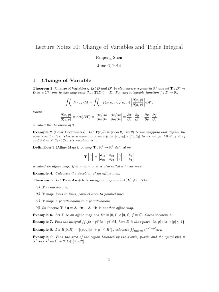 Lecture Notes 10: Change of Variables and Triple Integral | PDF ...