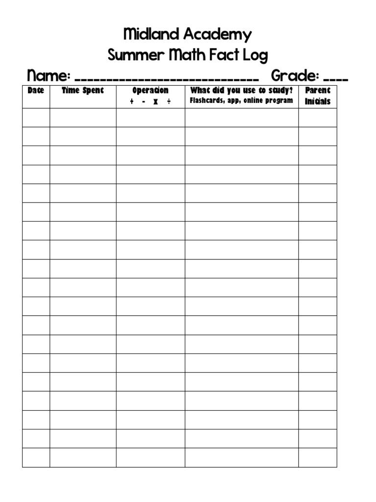 Summer Math Fact Log Template | PDF
