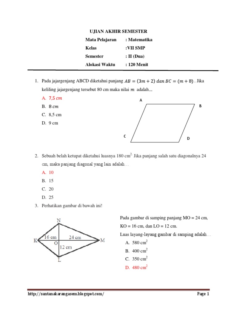 Soal UAS Matematika Kelas 7 SMP Kur. 2013