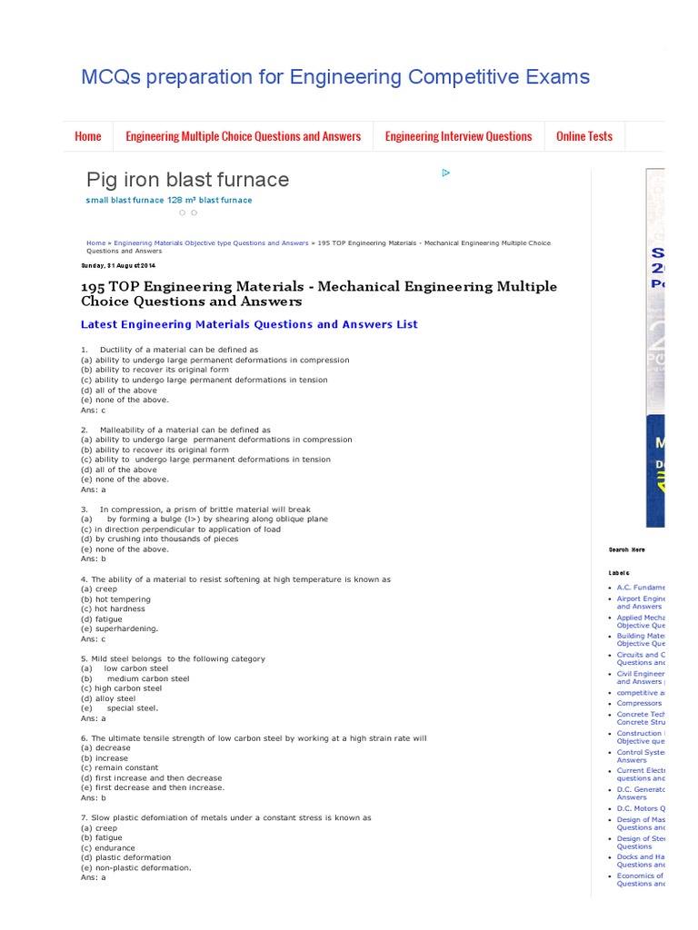 195 TOP Engineering Materials Mechanical Engineering Multiple Choice