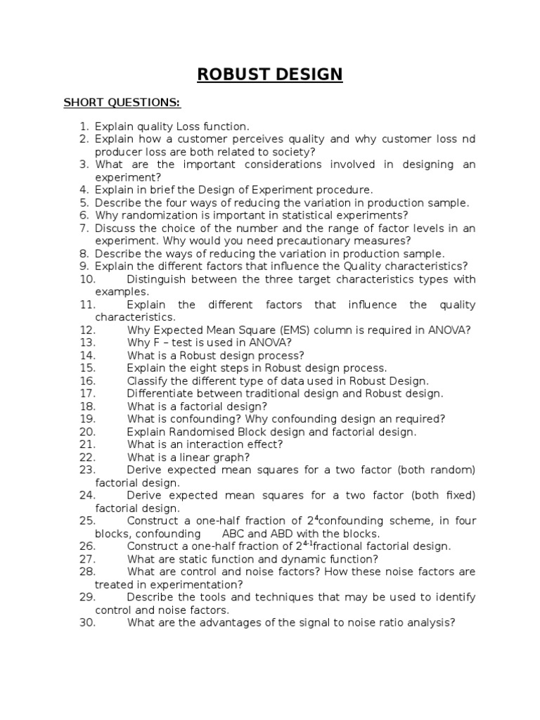 Robust Design Question Bank382011 PDF Analysis Of Variance