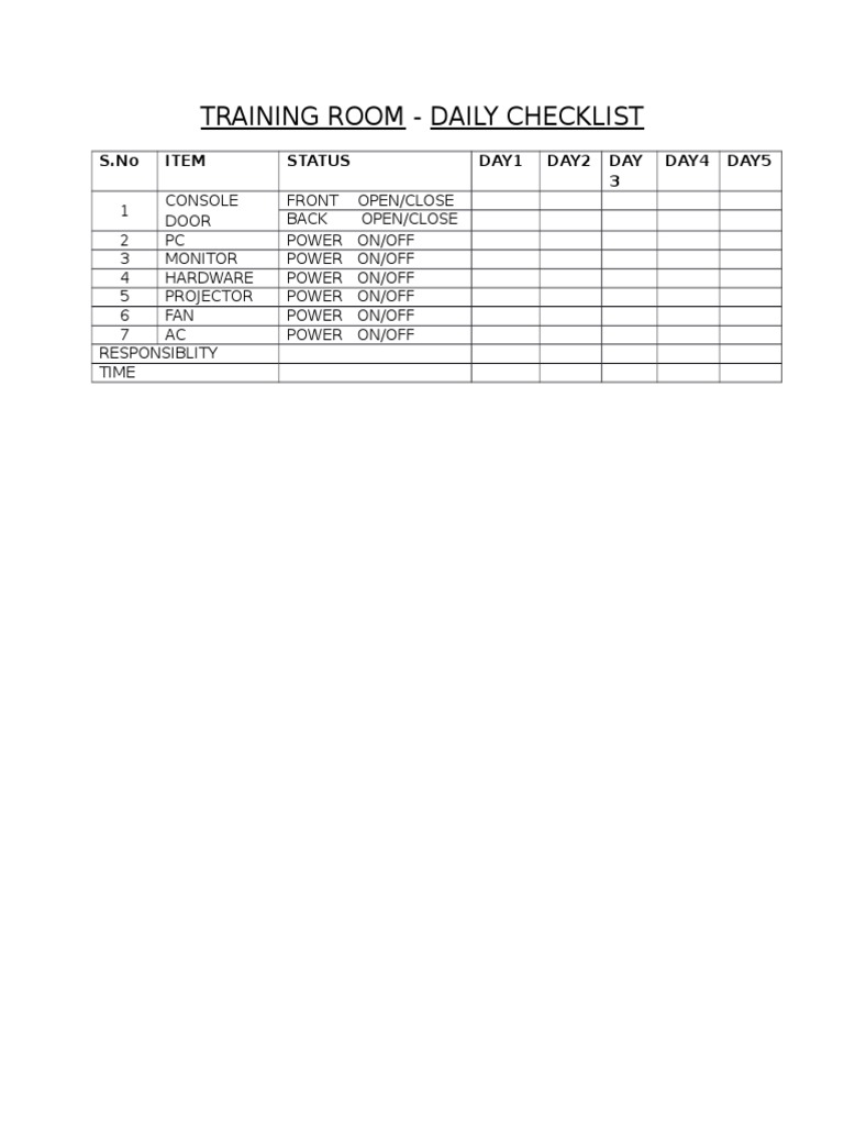 Training Room Daily Checklist | PDF