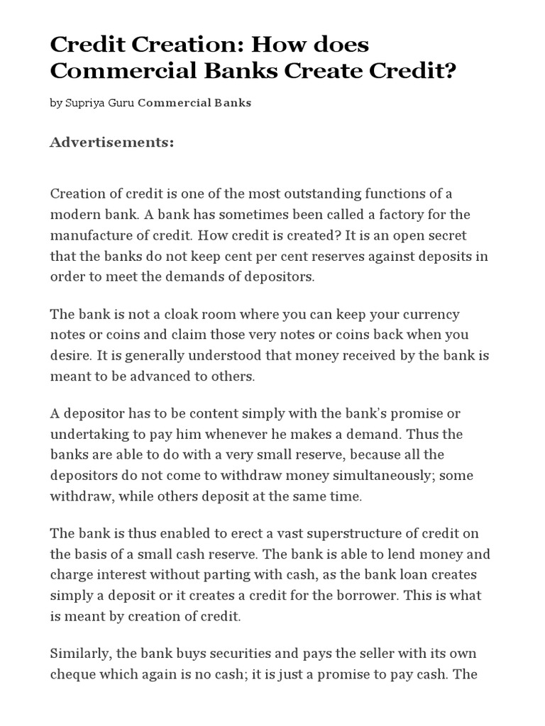Credit Creation How Does Commercial Banks Create Credit PDF Money