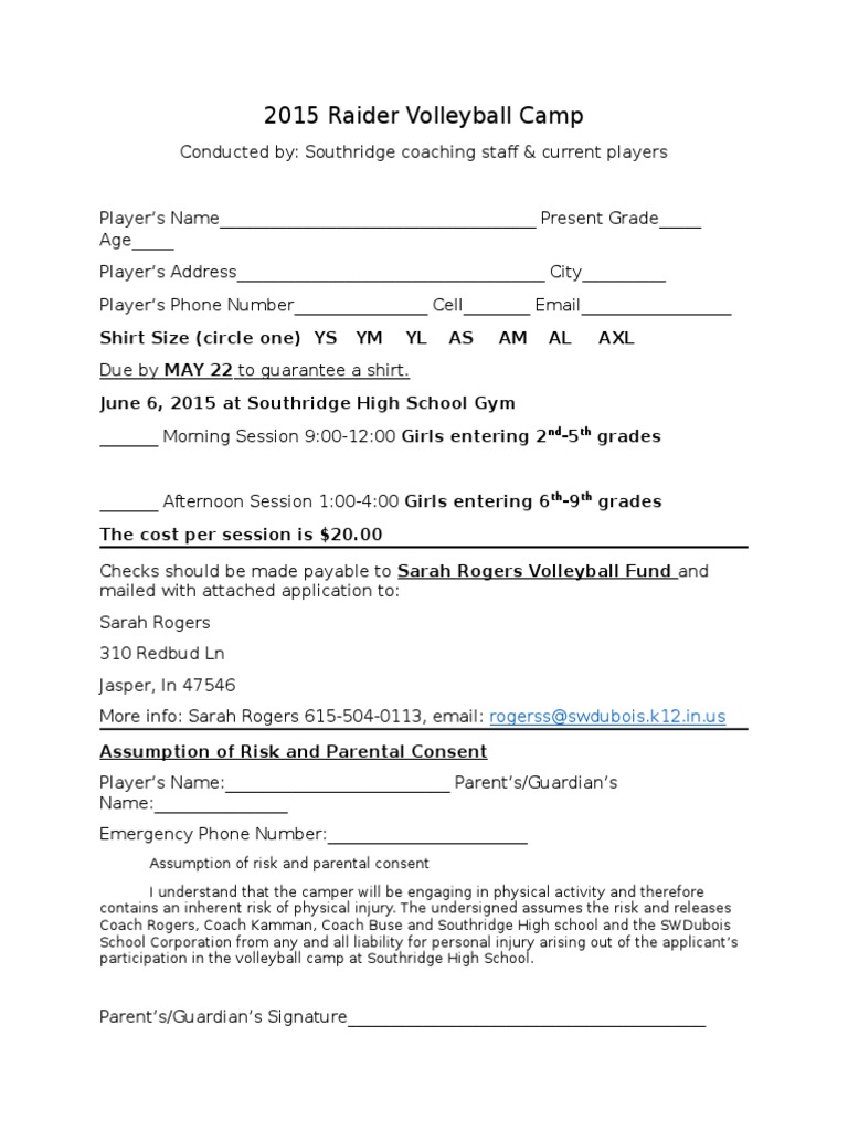 Southridge Volleyball Camp Registration 2015 | PDF | Civil Law (Legal ...