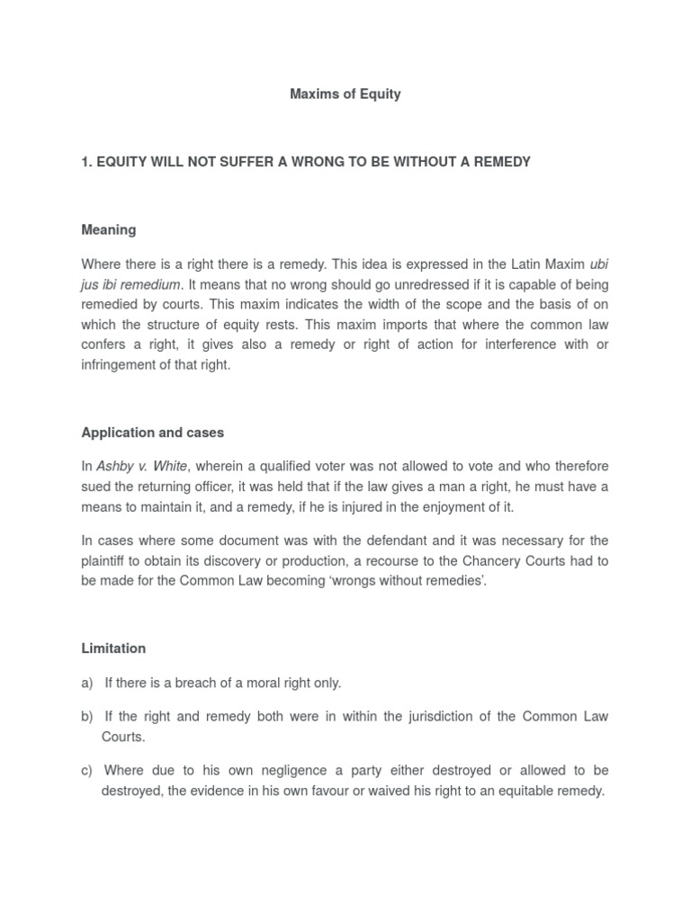 Maxims of Equity PDF Equity (Law) Laches (Equity)