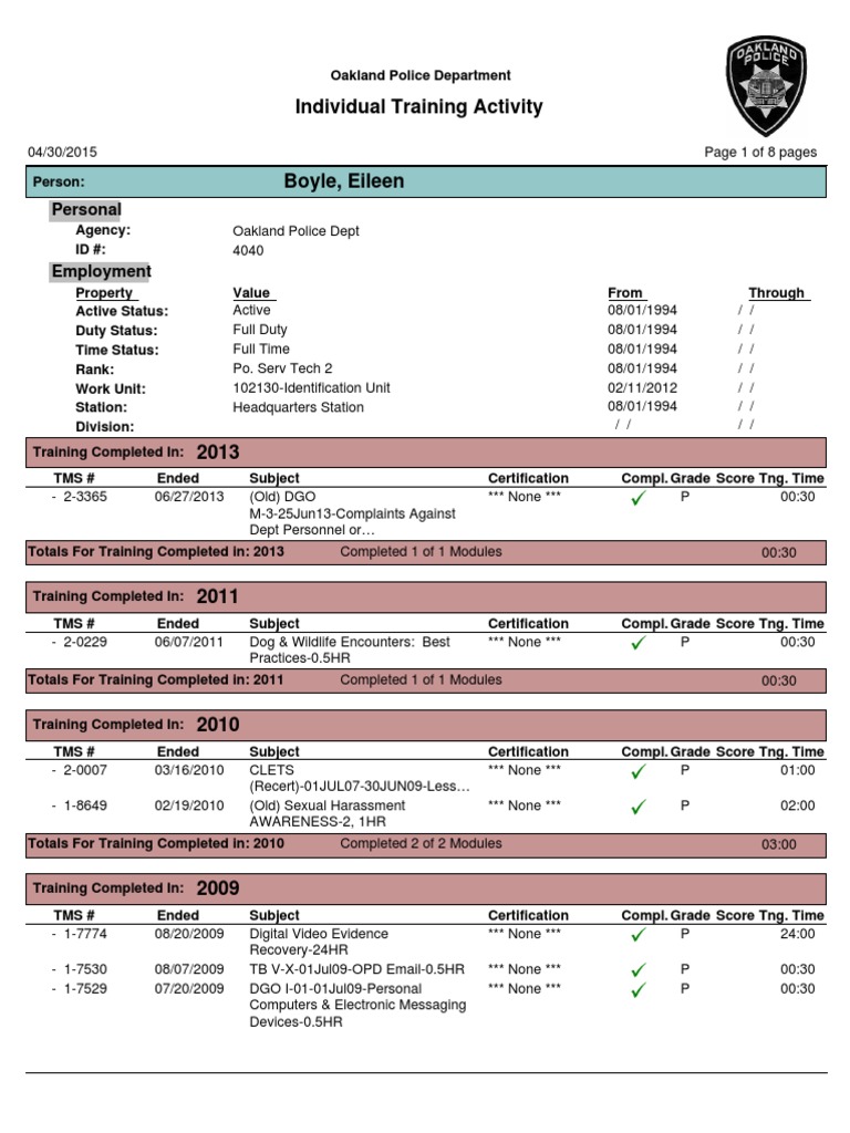Oakland Police Training Record | PDF | National Security | Crime & Violence