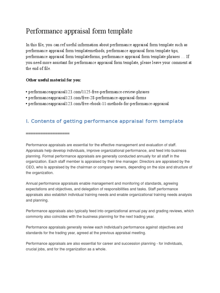 Performance Appraisal Form Template  PDF  Performance Appraisal