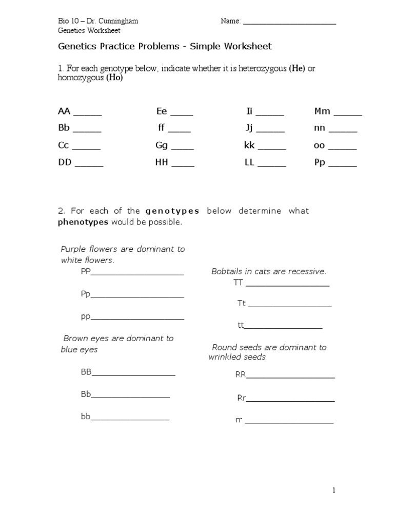 Worksheet  PDF  Zygosity  Genotype In Genetics Practice Problems Worksheet