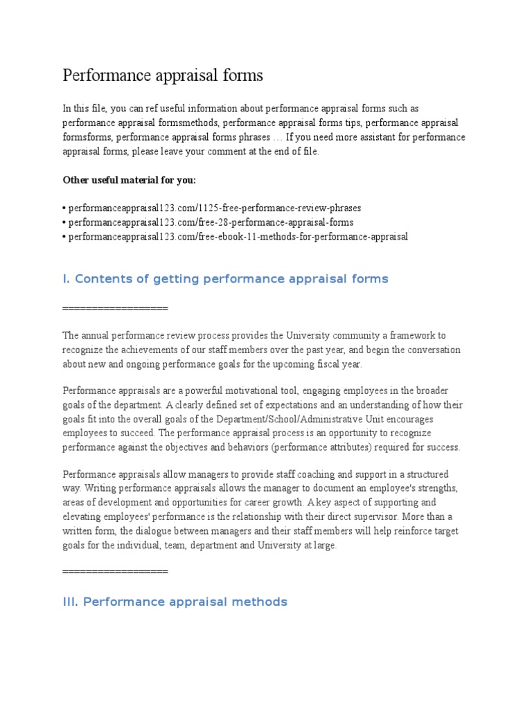 Performance Appraisal Forms Guide | PDF | Performance Appraisal ...