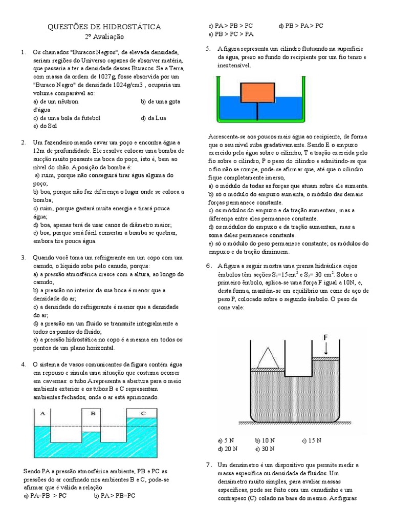 Questões de Hidrostática | PDF | Flutuabilidade | Pressão