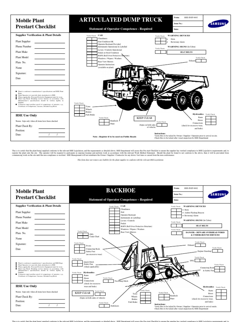 Heavy Equipment Inspection Checklist PDF Tire Seat Belt