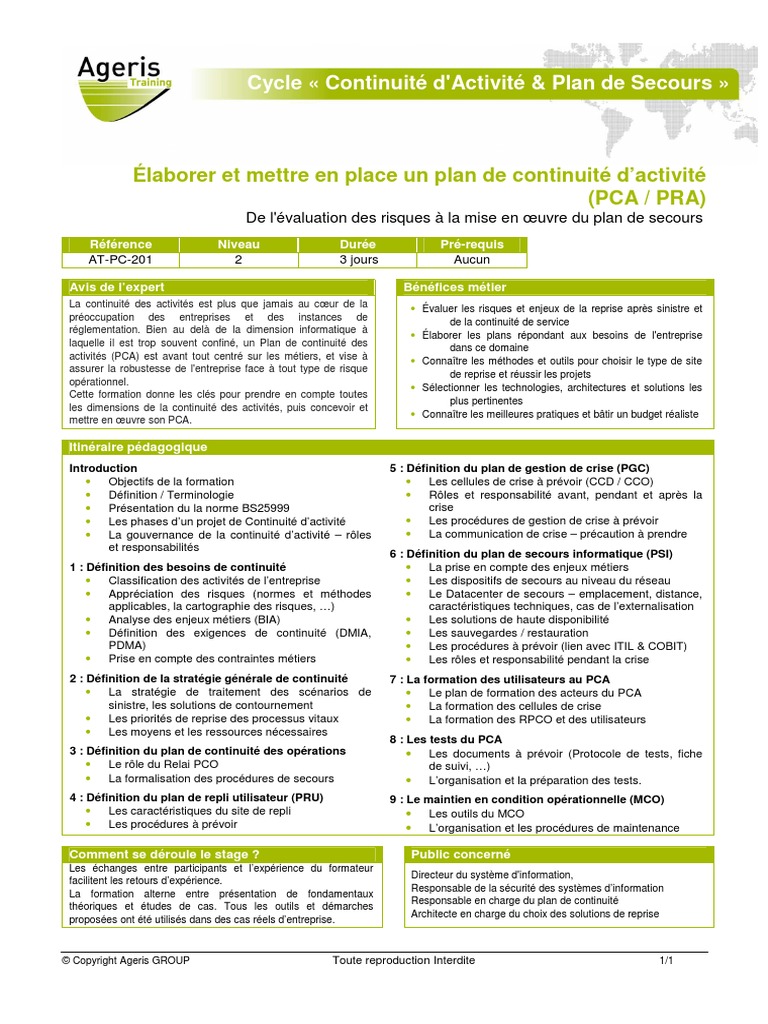 Continuité d'ActivitéPlan de Secours PDF Continuité des affaires Risque