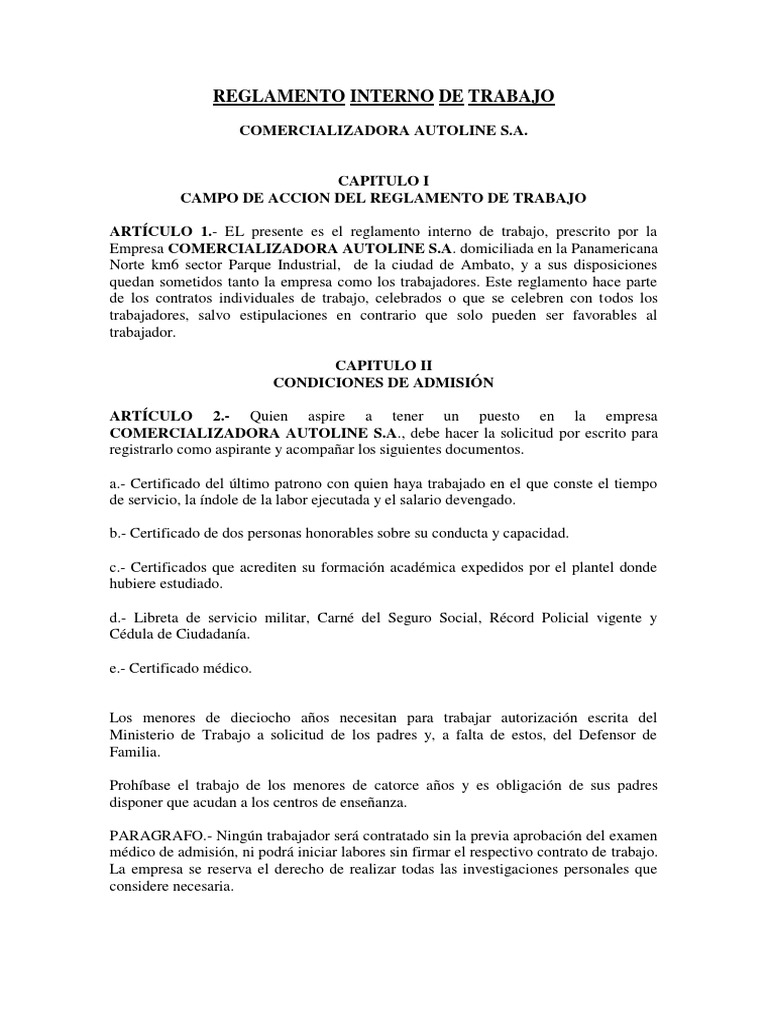 Reglamento Interno de Trabajo Autoline S.A. | PDF | Derecho laboral ...