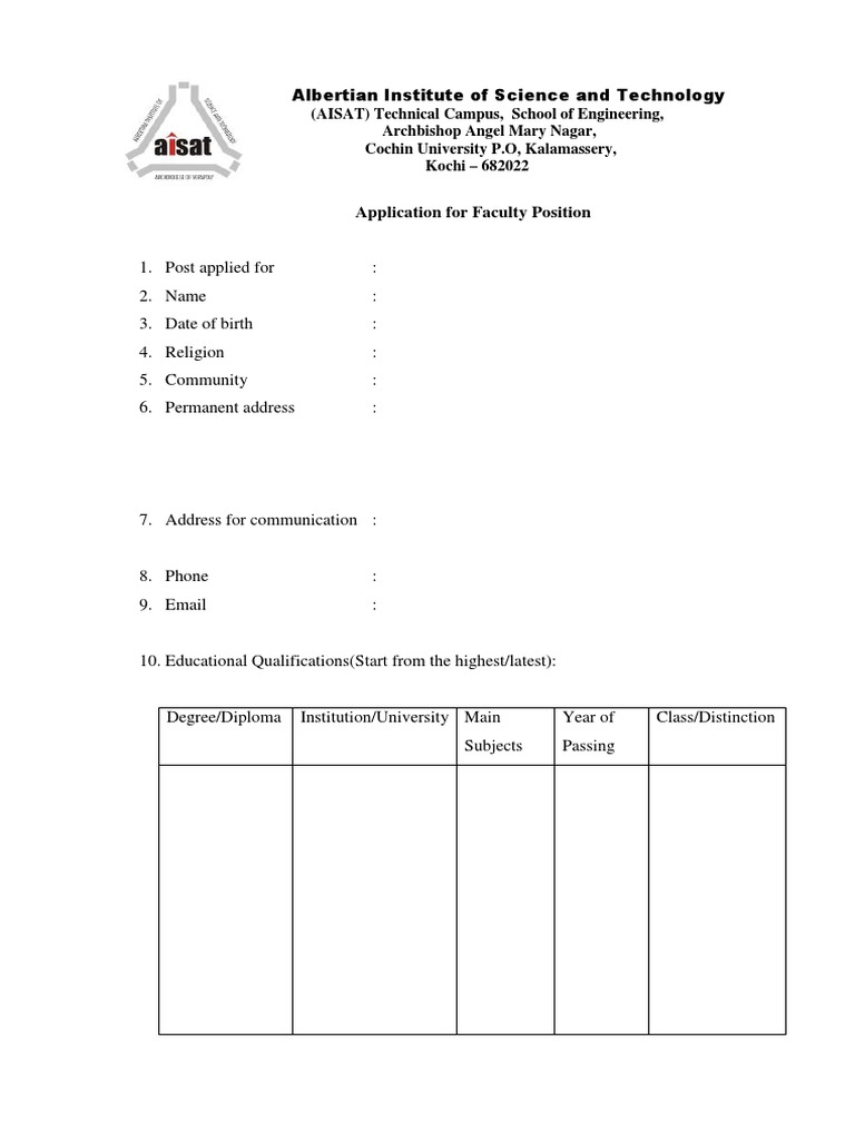 Faculty Application Form for AISAT | PDF