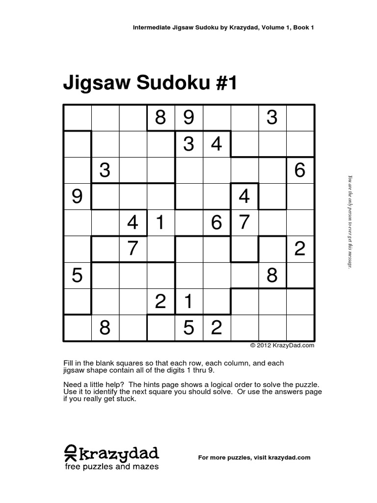 Jigsaw Sudoku by Krazydad PDF Games Of Mental Skill Np Complete
