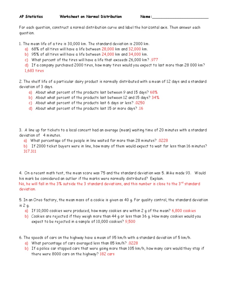 Normal Distribution Worksheet 2 Ans Standard Deviation Mean