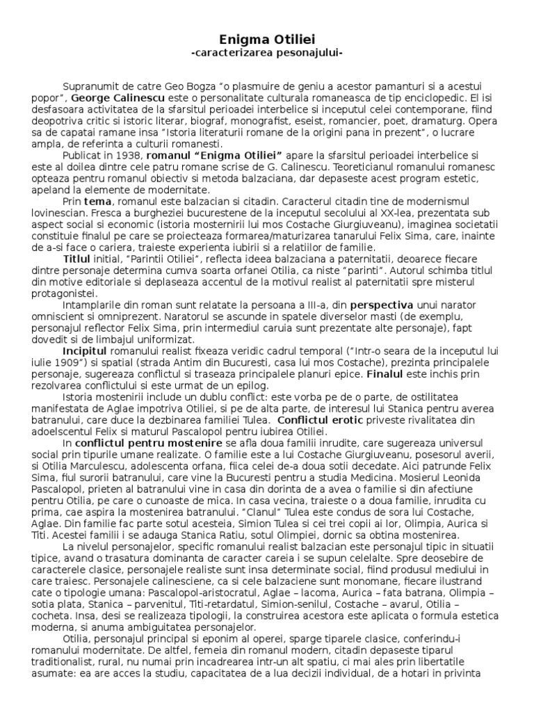 Enigma Otiliei - Caracterizarea Personajului