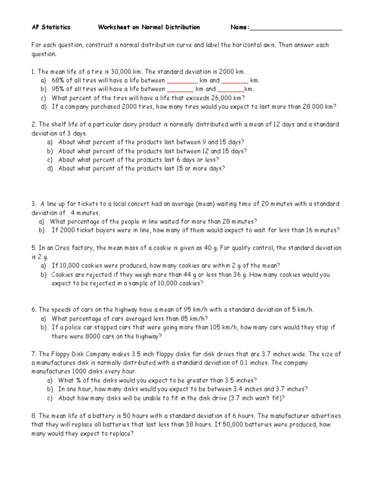 Normal Distribution Worksheet 2 Ans Standard Deviation Mean