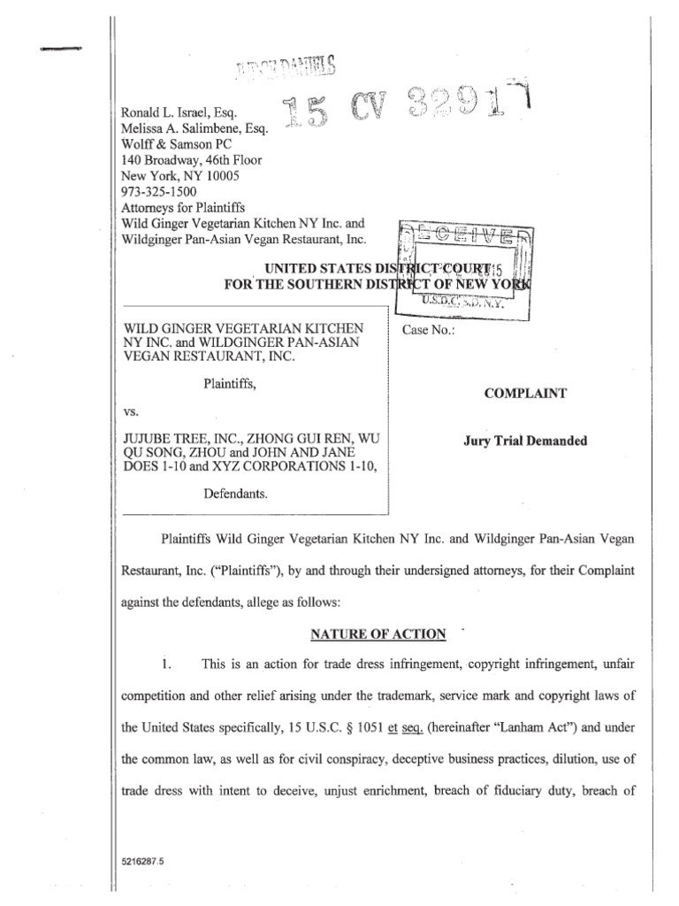 Wild Ginger Complaint (Via Court) | PDF | Trade Secret | Injunction