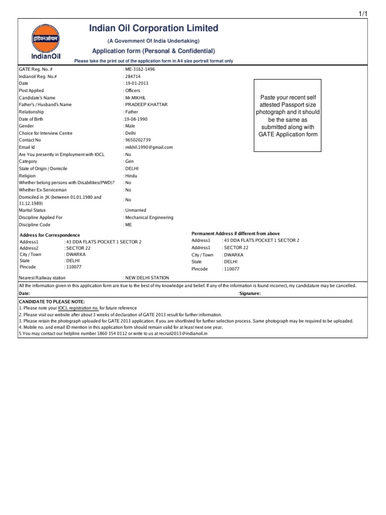 IOCL Officer Application Form 2013 | PDF