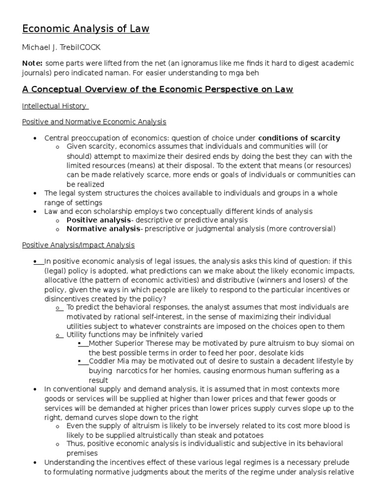 Trebilcock Economic Analysis Of Law Welfare Economics - 