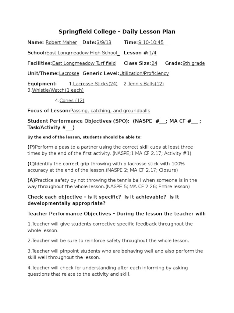 Lacrosse Lesson Plan 1 PDF Lacrosse Lesson Plan