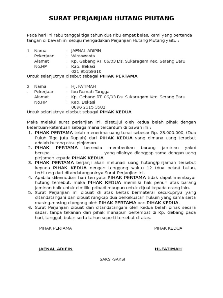 Contoh Surat Hutang Piutang Dalam Islam Gudang Surat
