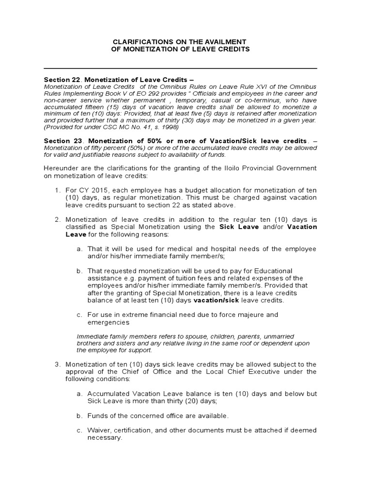 Clarifications On The Availment of Monetization of Leave Credits | PDF ...