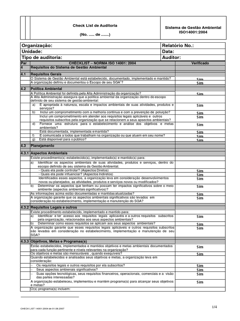 Checklist ISO 14001:2004 para Auditoria | PDF | Gestão de recursos ...