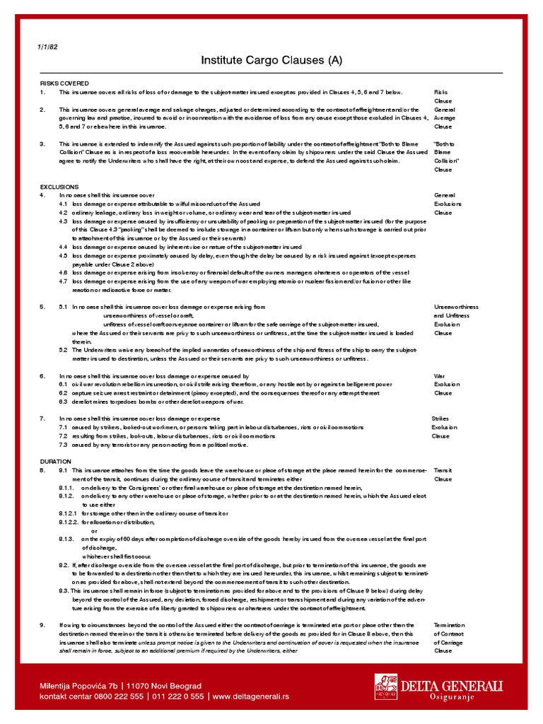 Institute Cargo Clauses A PDF Insurance Civil Law (Legal System)