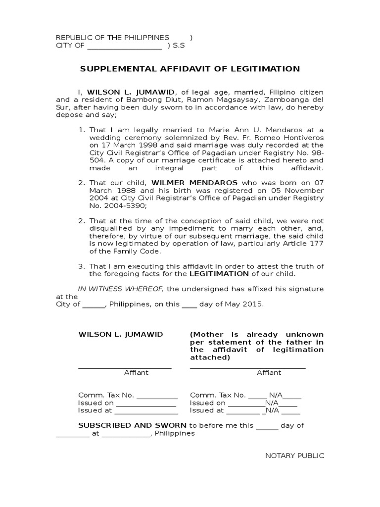 Supplemental Affidavit of Legitimation