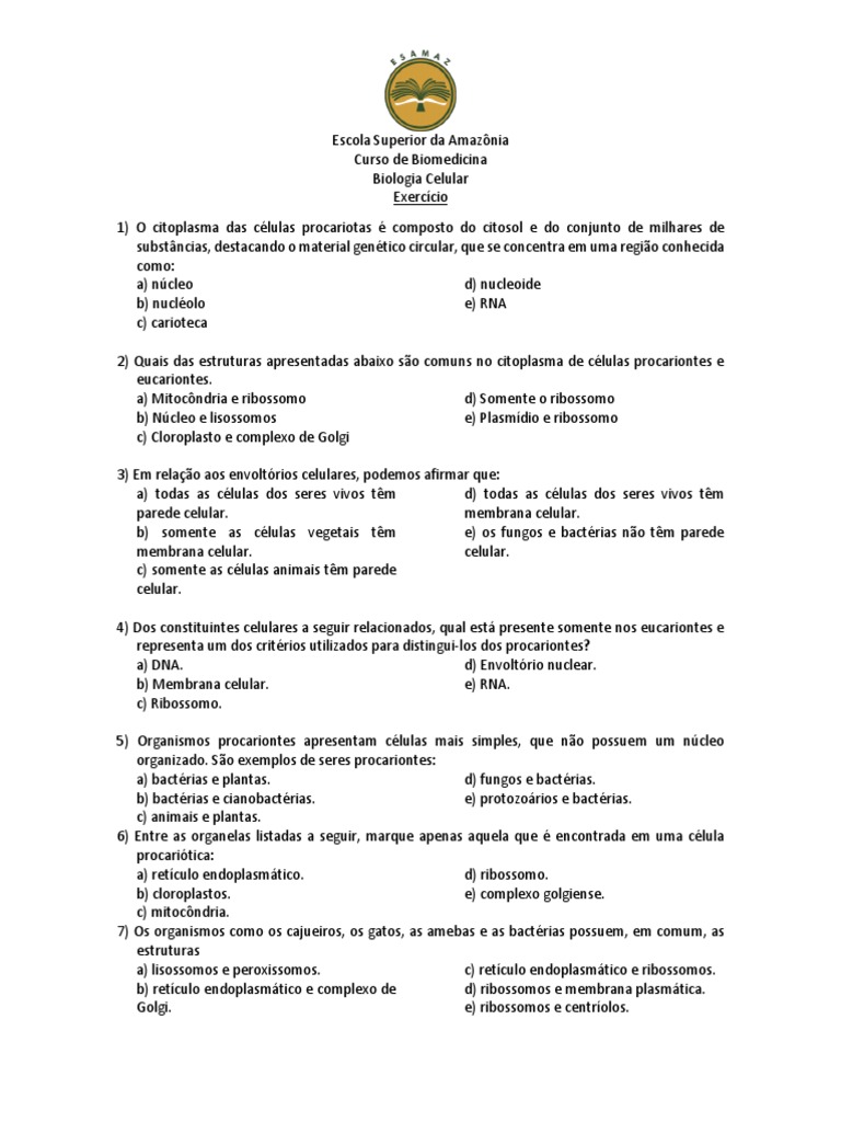 Atividades sobre Células Procariontes e Eucariontes | PDF | Procarionte ...