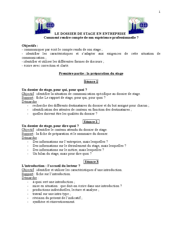 Le Dossier de Stage en Entreprise  Artisanat  Microsoft Word
