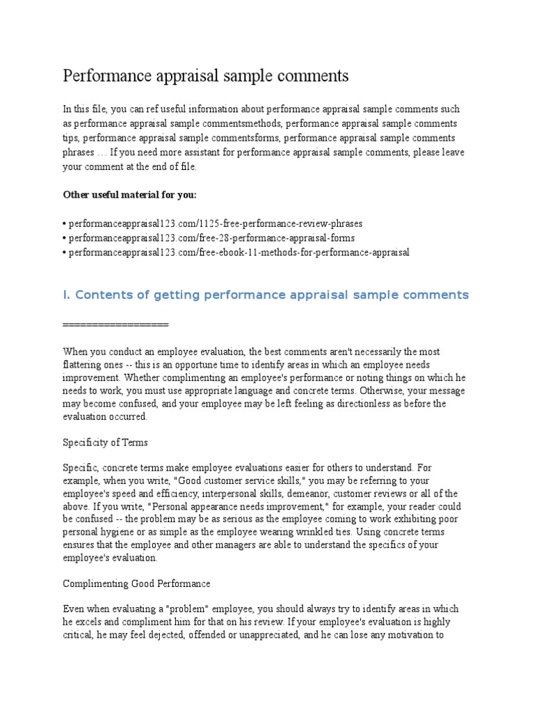 Performance Appraisal Sample Comments | Download Free PDF | Performance ...