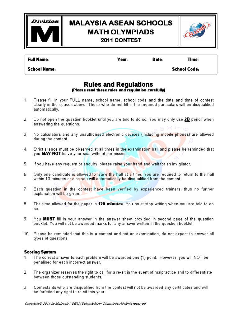 2011 MASMO Contest Paper - Secondary | PDF | Rectangle | Triangle