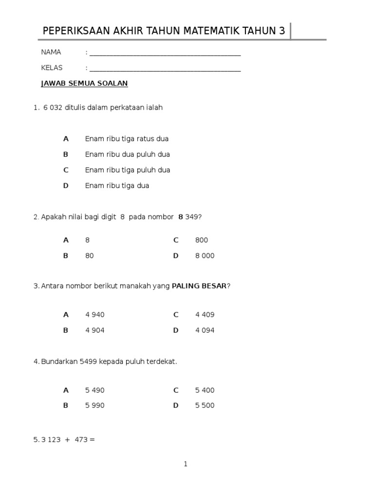 Peperiksaan Akhir Tahun Matematik Tahun 3 K1 Pdf