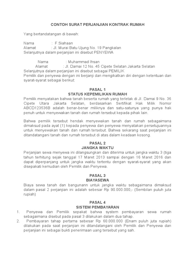 Contoh Surat Perjanjian Kontrak