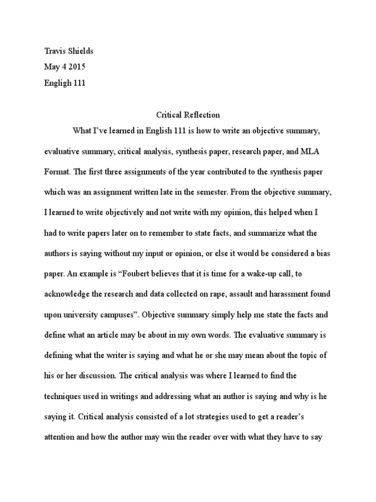 critical reflection paper