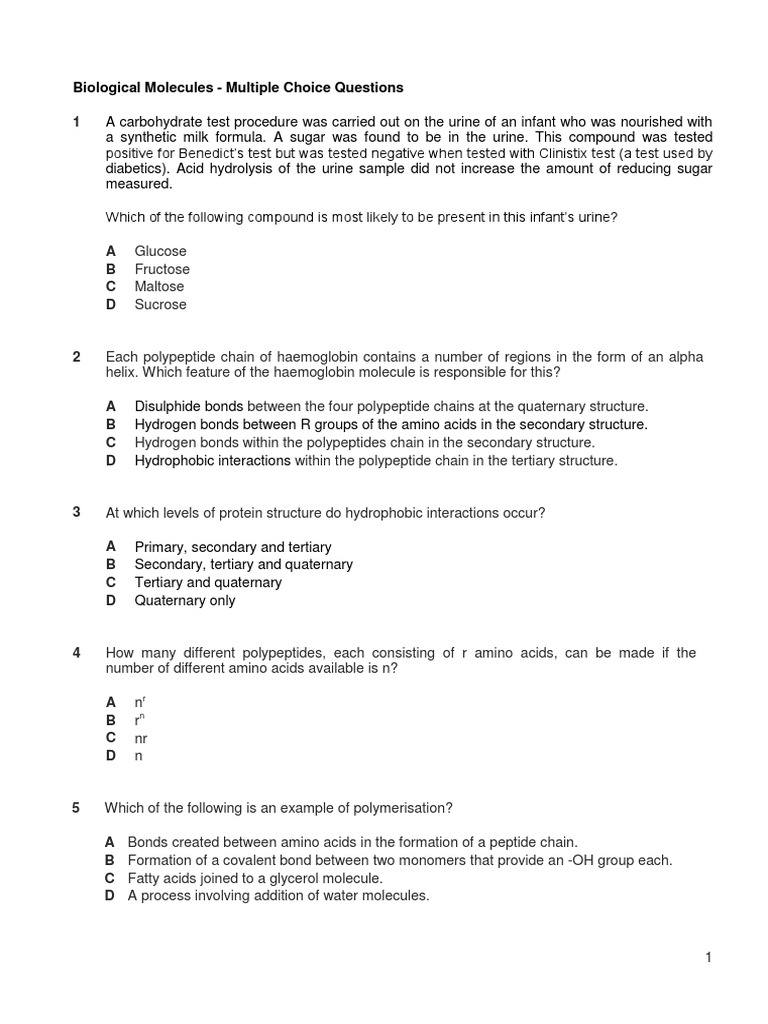 Biomolecules: MCQ Review Guide | PDF | Hydrolysis | Biomolecules