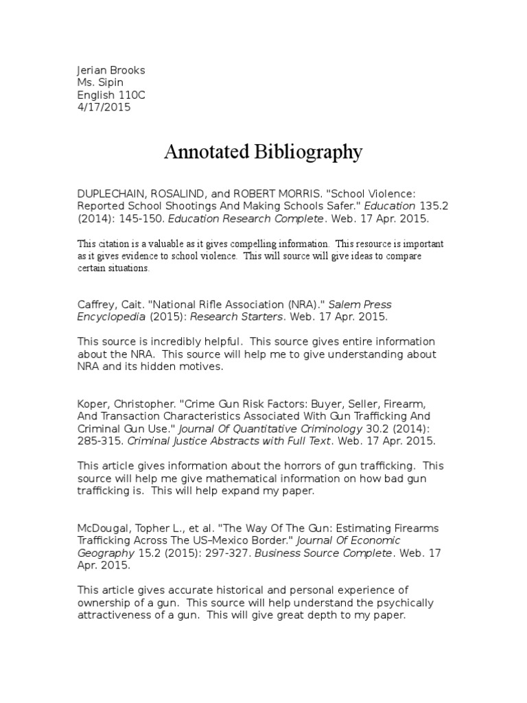 Annotated Bibliography on Gun Violence | PDF