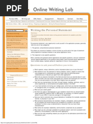 Purdue OWL Writing The Personal Statement | PDF | Graduate School 