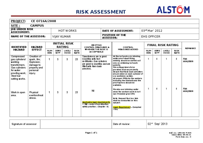 Risk Assessment: 03 Mar' 2012 Vijay Kumar Ehs Officer | PDF ...