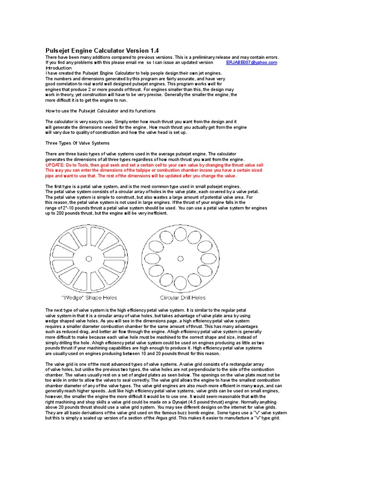 Pulsejet Engine Calculator Version 1.4 PDF Sheet Metal Engines