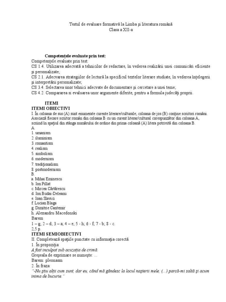 Test Docimologic Clasa A XIIA | PDF