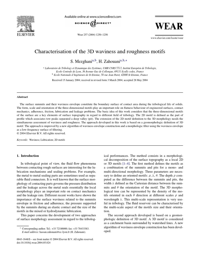 Characterisation of The 3D Waviness and Roughness Motifs 2004 Wear ...