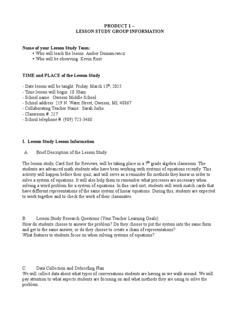 Product 1 - Lesson Study Group Information | PDF | Lesson Plan | Equations