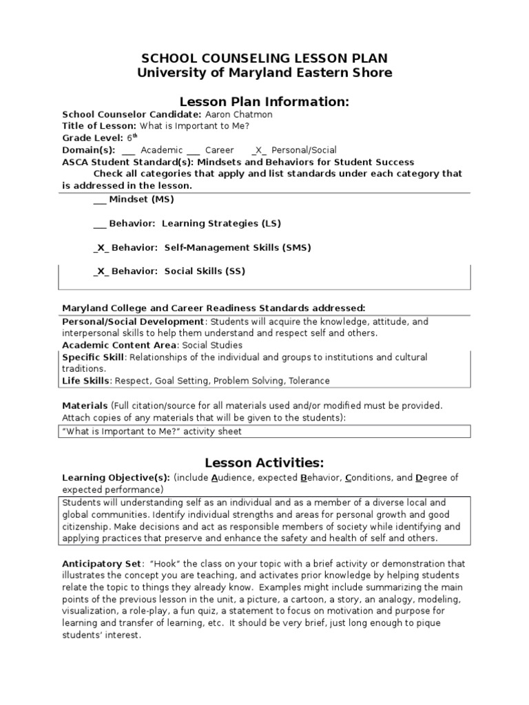 Scool Counseling Lesson Plan | PDF | School Counselor | Educational ...