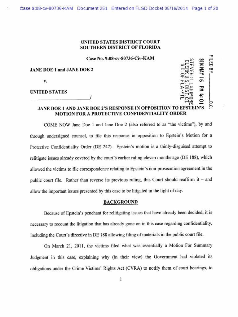 251 DOE's RESPONSE IN OPPOSITION TO EPSTEIN 'S MOTION FOR A PROTECTIVE ...