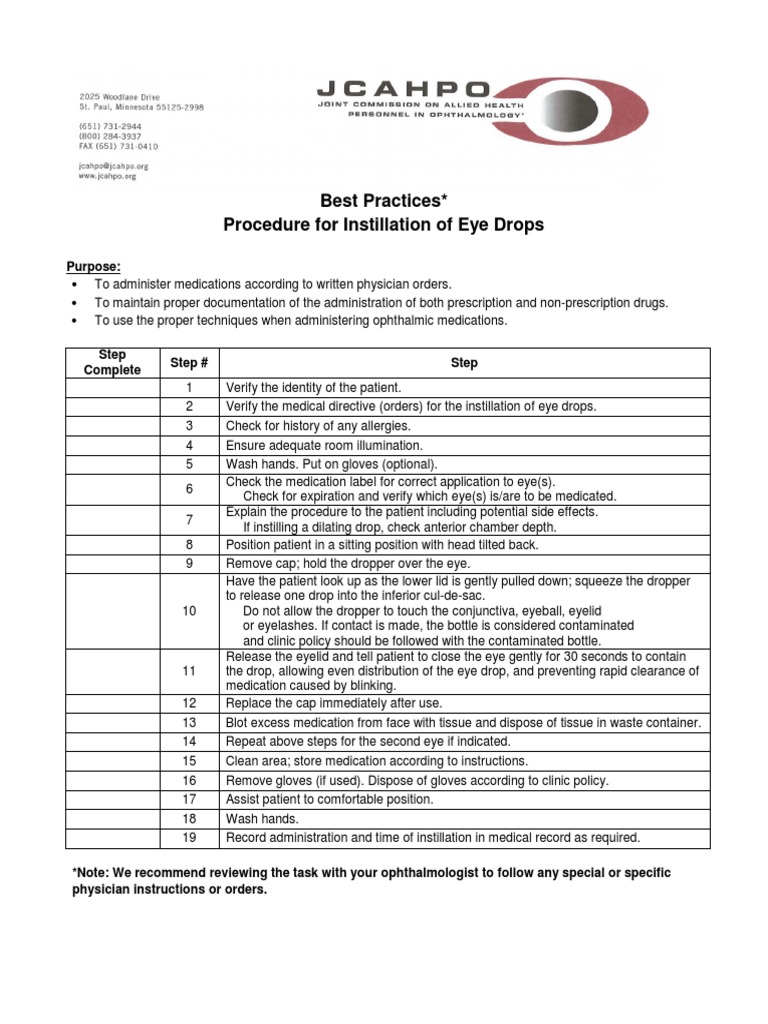 Best Practices Procedure For Instillation of Eye Drops