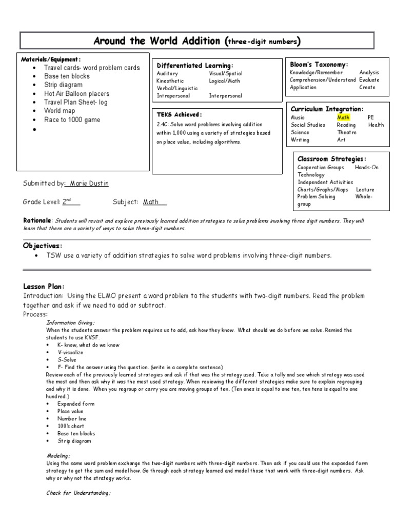 Three-Digit Addition Strategies Lesson | PDF | Reading Comprehension ...